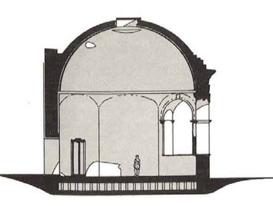 Secci&oacute;n transversal de un heliocaminus romano en los ba&ntilde;os de Ostia. Los ventanales de vidrio permit&iacute;an en invierno el ingreso de gran cantidad de sol