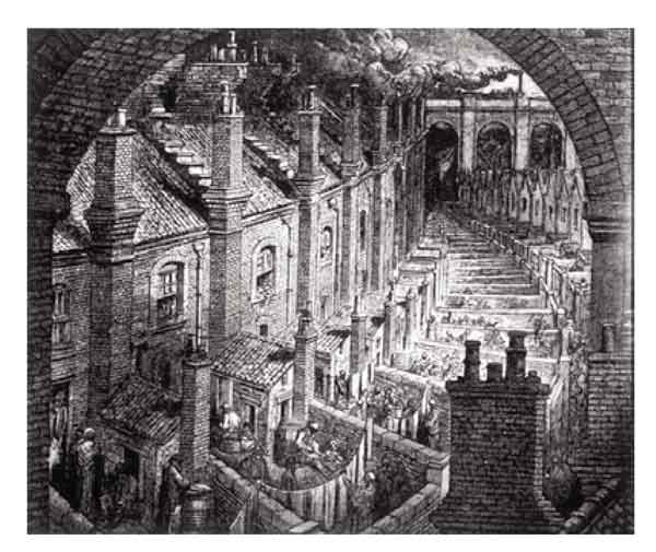 Tugurios t&iacute;picos de Londres; estas viviendas estaban construidas espalda contra espalda, e hilera sobre hilera; algunas de ellas carec&iacute;an por completo de acceso solar en invierno
