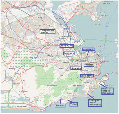 Mapa de Rio de Janeiro con la localizaci&oacute;n de las favelas estudiadas en este art&iacute;culo.