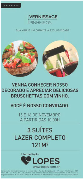 Material de divulgaci&oacute;n para la presentaci&oacute;n de un emprendimiento de apartamento de 121 m2 en S&atilde;o Paulo. Existe una sutil conexi&oacute;n entre la cultura gourmet y la promoci&oacute;n de ventas