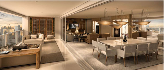 El gran balc&oacute;n gourmet abarca una enorme superficie en relaci&oacute;n con el &aacute;rea privada del departamento, y justifica la reorganizaci&oacute;n interna de la tradici&oacute;n dom&eacute;stica, algunas veces hasta el reposicionamiento de la cocina sobre la fachada, en conexi&oacute;n con el balc&oacute;n