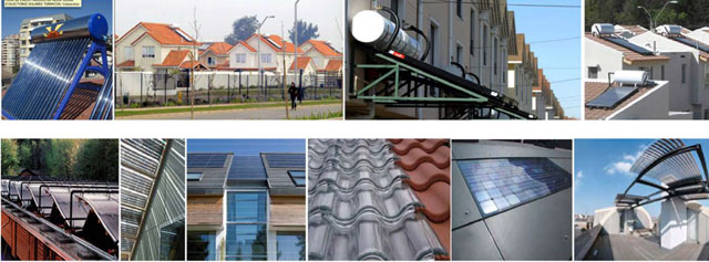 Colectores solares t&eacute;rmicos sobrepuestos (im&aacute;genes superiores) e integrados (im&aacute;genes inferiores)