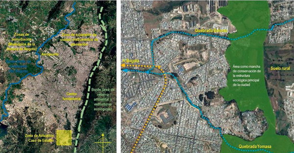Delimitación de una zona de intervención para el desarrollo del proyecto por las cualidades propias y determinantes de un borde de ciudad. A la izquierda la ciudad de Bogotá y sus límites como bordes de expansión, a la derecha la zona de intervención del proyecto