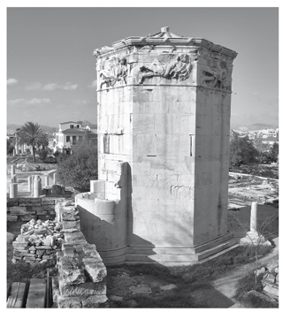 Torre octogonal que integra un reloj en forma de Torre dei venti, en Atenas, concebida por Andronikos Kyrristos (aprox. 52 a. C)