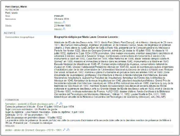 Detalle de la ficha sobre Mario Pani (captura de pantalla).