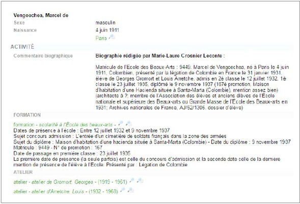 Detalle de la ficha sobre Marcel (sic) de Vengoechea (captura de pantalla).