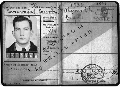 Documento de identificación de Hernando Carvajal Escobar como alumno de la Facultad de Bellas Artes en la Universidad de Chile, 1938.