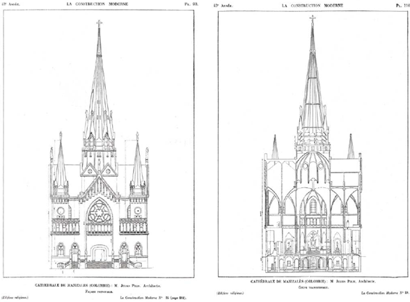 Fachada principal (izq.) y corte transversal (der.) de la Catedral de Manizales, proyecto ganador del arquitecto francés Julien Polti.