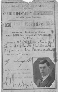 Documento de identificación de Carvajal Escobar como alumno de la École des Beaux-Arts.