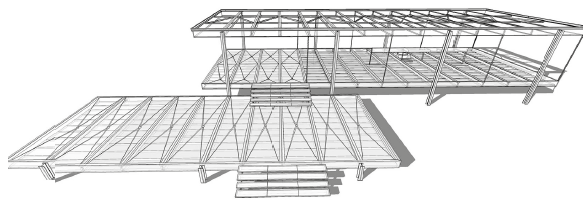 Foto interior de la casa y fotomontaje con radiograf&iacute;a de las columnas de plataforma escondidas desde la vista interior