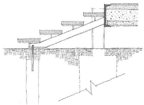 Dibujo en secci&oacute;n correspondiente a la reforma, realizado por el Historic American Buildin Survey. Se puede apreciar la fundaci&oacute;n adicional que se cre&oacute; con el fin de salvar el problema de la escalera en voladizo en un edificio que recibir&iacute;a muchos visitantes por su condici&oacute;n de casa museo. El soporte consiste en una barra de acero inoxidable soportada en una fundaci&oacute;n en concreto.