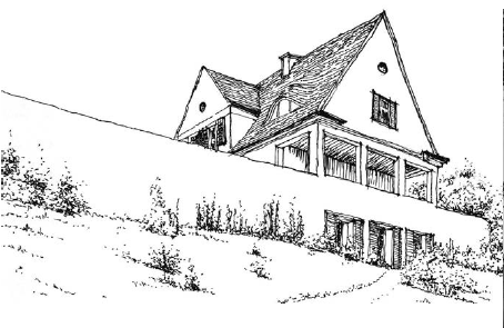 Dibujo casa Riehl, primera casa dise&ntilde;ada por Mies van der Rohe para el fil&oacute;sofo Alois Riehl. Se puede observar la configuraci&oacute;n de la plataforma y la casa sobrepuesta.