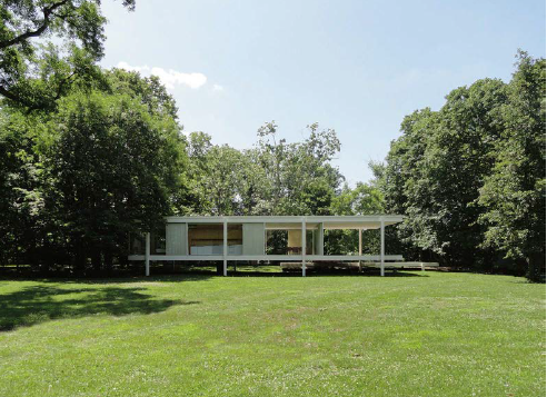 Casa Farnsworth al borde del claro, m&aacute;s atr&aacute;s el r&iacute;o Fox.