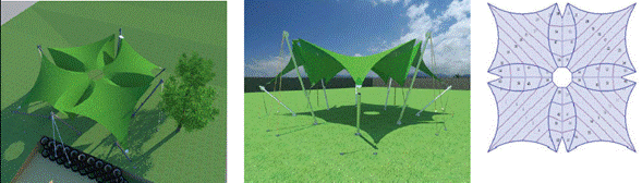 Diseño de la velaría y render del patronaje del prototipo.