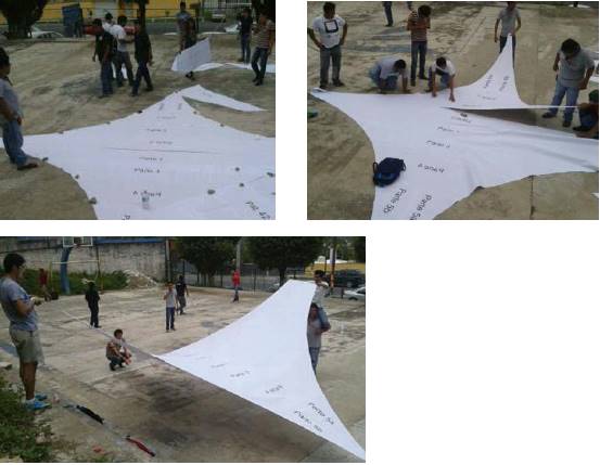 Representación de la membrana dividida en secciones en las que se une la tela malasombra por medio de una costura industrial.