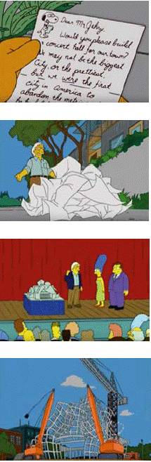 “Dear Mr. Gehry…”, la fantasía de un edificio construido en Springfield (Los Simpsons, episodio 349: “The Seven Beer-Snitch”, abril de 2005, 16° temporada) o la consagración de un starchitect en la cultura pop.