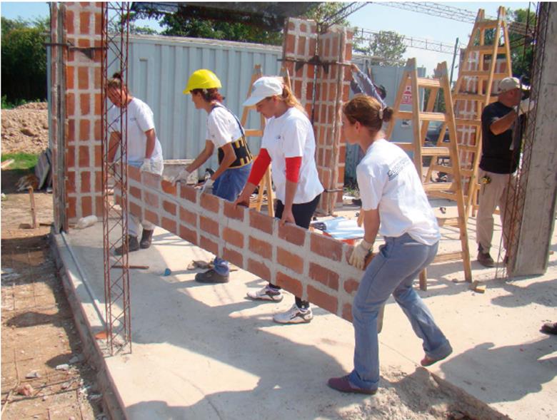 Beneficiar&iacute;as del programa "Ellas hacen", acompa&ntilde;adas por t&eacute;cnicos del MDS y representantes del CEVE montando una placa BENO sobre estructura UMA, en La Plata, Buenos Aires (Argentina).