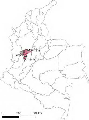 Localizaci&oacute;n de la ciudad de Manizales en el Eje Cafetero colombiano.