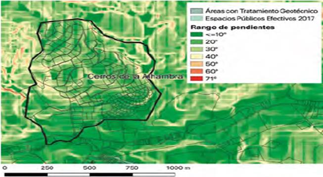Trama cul-de-sac y conjuntos cerrados en el barrio Cerros de La Alhambra. Nota: se presentan los predios, en ausencia de manzanas definidas en esta trama.