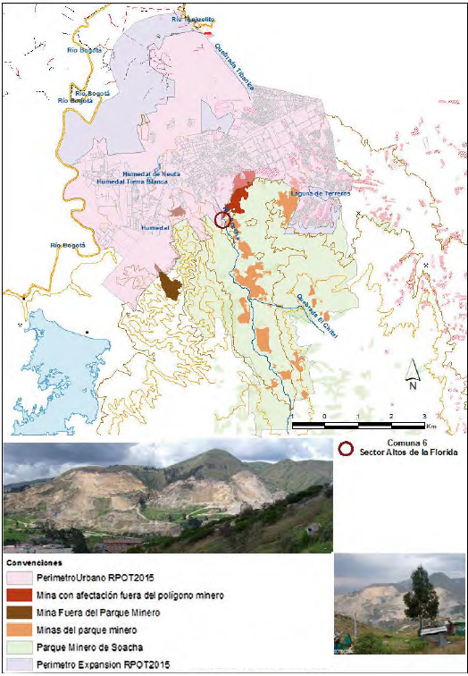Localizaci&oacute;n de los principales sitios de explotaci&oacute;n minera a cielo abierto en la comuna 6 (Altos de la Florida)