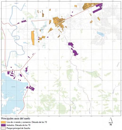 Mapa de crecimiento de Soacha en relaci&oacute;n con la industria durante la d&eacute;cada de 1970