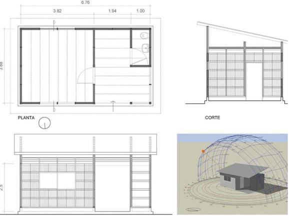 Planta, corte y elevaci&oacute;n esquem&aacute;ticos del prototipo y vista en perspectiva.