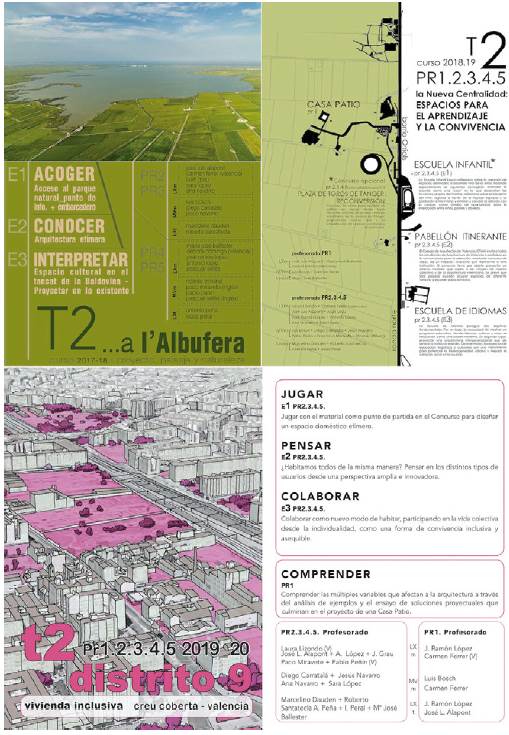Carteles de diferentes cursos acad&eacute;micos del Taller 2 de la ETSA-UPV