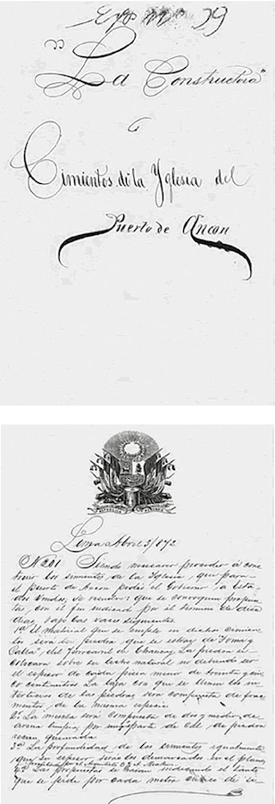 Cover of the file and part of the documents on the construction of the foundations of the church for the Anc&oacute;n port