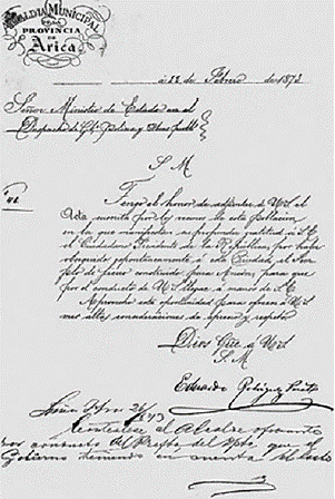 Thank-you letter from Mr. Eduardo Rodr&iacute;guez Pinto to the Minister of State in the Government, Police and Public Works Office, for the present of the iron temple constructed for Anc&oacute;n, so that it can be handed out to the citizen-president of the republic, D. Jos&eacute; Balta, Arica Province Municipal Town Hall