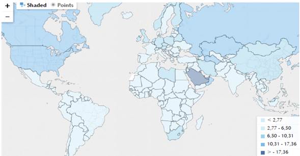 Distribuci&oacute;n geopol&iacute;tica del promedio ponderado de emisiones de GEI per c&aacute;pita y por pa&iacute;ses para 2014