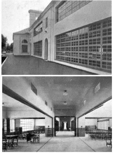 Escuela y jardín de infantes del Jockey Club A (1929). Ventanales del pabellón de aulas y sector jardín de infantes con puertas plegadizas.