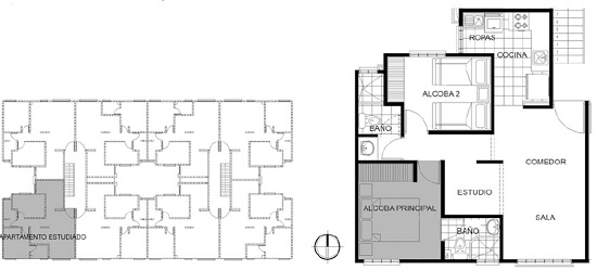 Edificaci&oacute;n experimental. Plantas arquitect&oacute;nicas: cuarto nivel del bloque; se resalta el apartamento seleccionado (izquierda) y del apartamento se&ntilde;alando el ambiente monitoreado (derecha).