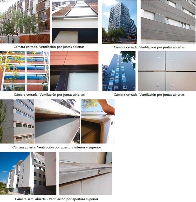Ejemplos de edificios con distintos tipos de c&aacute;mara de fachada ventilada: c&aacute;mara cerrada, abierta y semiabierta.