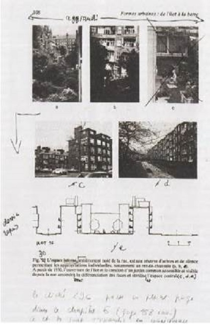 Anotaciones de Philippe Panerai sobre las p&aacute;ginas de un ejemplar de la edici&oacute;n de 1977 (DUNOD), para correcciones previstas en la reedici&oacute;n de 1997 por la editorial Parenth&egrave;ses.