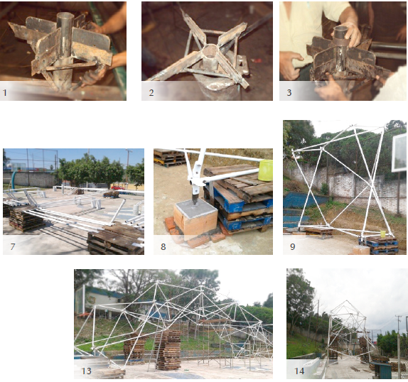 (1 -15). Primera propuesta Constructiva. Nota: la propuesta se realiza para formar el arco de la cubierta plegable. Este contar&aacute; con ocho m&oacute;dulos conectados para comprobar fallas geom&eacute;tricas y constructivas del mismo sistema.