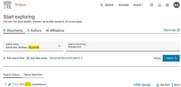 Obtenci&oacute;n de resultados en Scopus por palabra clave