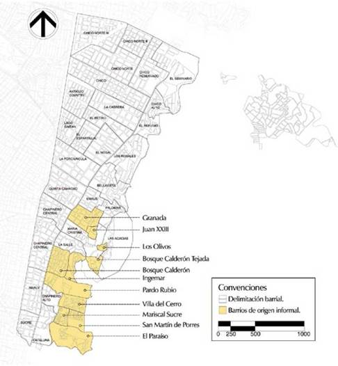 Plano de Chapinero y de sus barrios de origen informal.