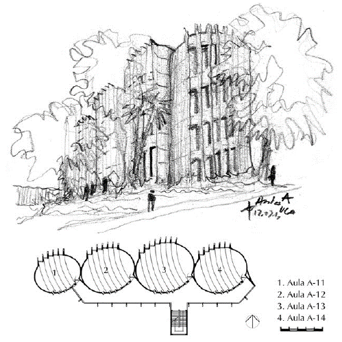 Planta arquitectónica y boceto del edificio Aulas A.