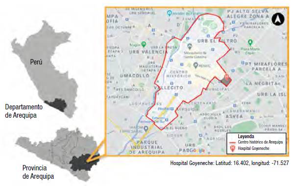 Localizaci&oacute;n de la ciudad de Arequipa, de su centro hist&oacute;rico y del hospital Goyeneche. Fuente: elaboraci&oacute;n propia (2020).