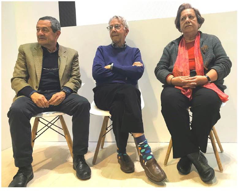 Carlos Ni&ntilde;o, Alberto Saldarriaga y Silvia Arango en el lanzamiento de la colecci&oacute;n PILARES de la editorial de la Universidad Nacional de Colombia, en la Feria del Libro de Bogot&aacute;, 2019.