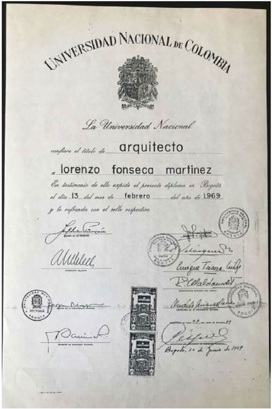 Diploma de Arquitecto otorgado en febrero de 1969 a Lorenzo Fonseca, por la Universidad Nacional, sede Bogot&aacute;.