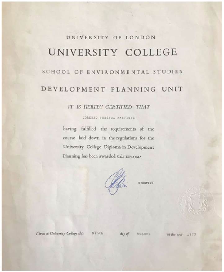 Diploma de estudios en Development Planning otorgado a Lorenzo Fonseca en 1972 por el University College (University of London).