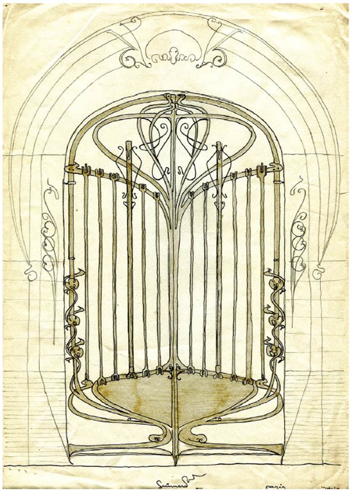 Detalle de la puerta de acceso principal del edificio de apartamentos Jassed&eacute; (Hector Guimard, 1905) en el distrito 16 de Par&iacute;s. Dibujo en l&aacute;piz y tinta realizado por Carlos Ni&ntilde;o en 1974.