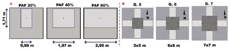 Varia&ccedil;&otilde;es nas dimens&otilde;es do PAF (A) | Dimens&atilde;o geom&eacute;trica do po&ccedil;o de luz (B)