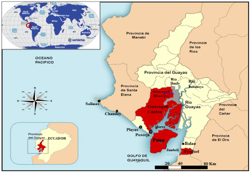 Ubicaci�n de Guayaquil y sus cinco niveles de administraci�n gubernamental: Ecuador-Gobierno Central, Provincia del Guayas, Cant�n Guayaquil (color rojo) y municipio de Guayaquil (color gris)