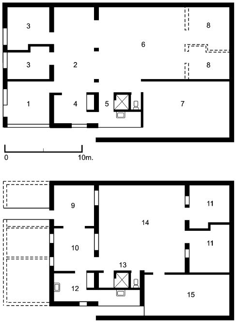 Arriba: prototipo para poblacin rural con la cocina ramada (4). Abajo: prototipo para poblacin urbana