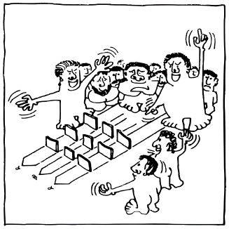 Ilustracin utilizada por Habraken para mostrar una instancia participativa, donde un grupo delibera alrededor de un esquema de zonas y mrgenes