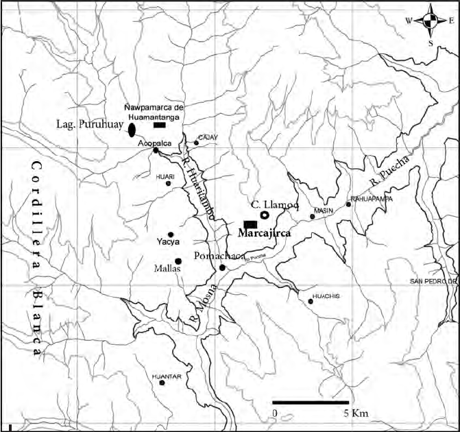 Detalle de la región de Huari y Marcajirca, con curva de nivel de los 3000 m (línea acentuada en negro)