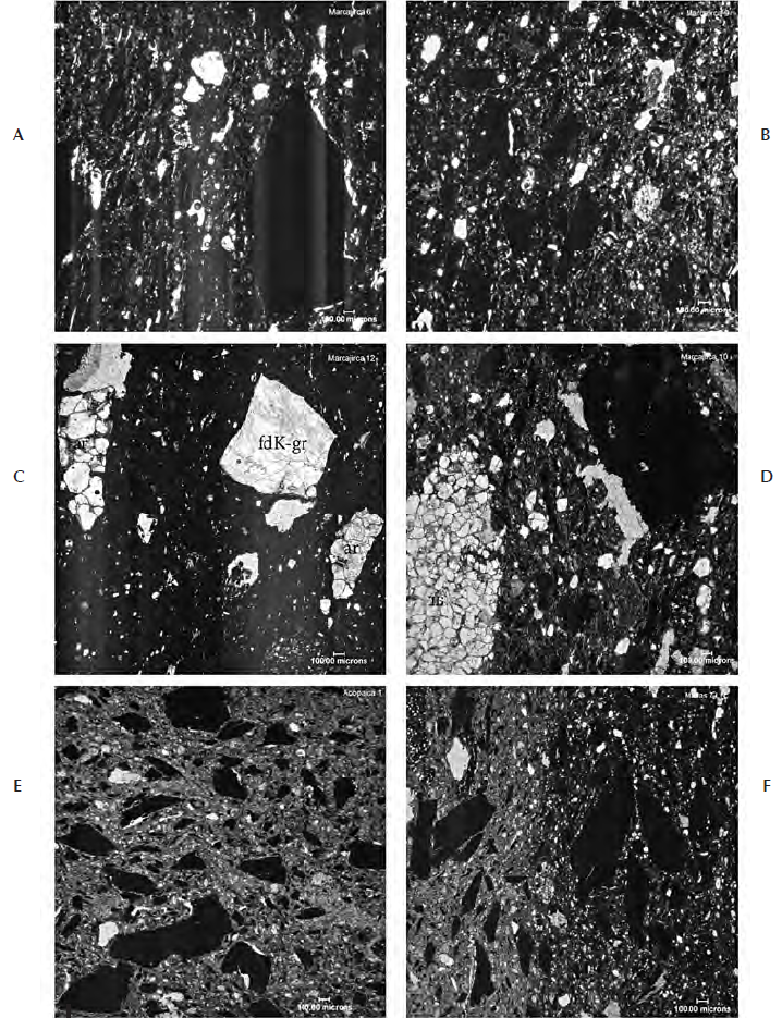 Pastas de Marcajirca: A) Petrogrupo 1, MA6. Las líneas verticales vienen de una falla al cubrir la lámina; B) Petrogrupo 2, MA9; C) Petrogrupo 3, MA5; D) Petrogrupo 4, MA10; E-F) Pastas de cerámica tradicional, temperada con shashal (fragmentos negros alargados); E) Pasta de Acopalca; F) Pasta de Mallas
