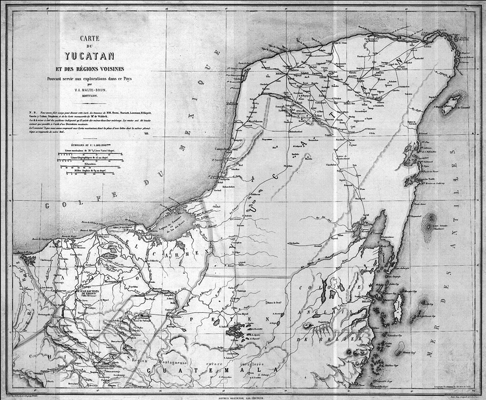 Mapa que presenta el territorio del estado de Yucat&aacute;n y de la contigua regi&oacute;n de Los R&iacute;os antes de la creaci&oacute;n de los estados de Campeche y Quintana Roo, seg&uacute;n Brasseur de Bourbourg, 1866 (Taracena Arriola & Pinkus Rend&oacute;n, 2010)